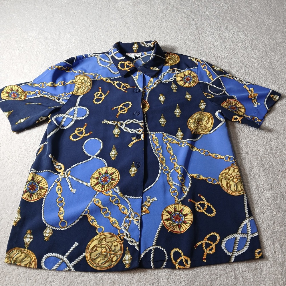 Talbots Womens Size 6 Button Up Collared Blue Anchors Nautical Gold Rope baroque